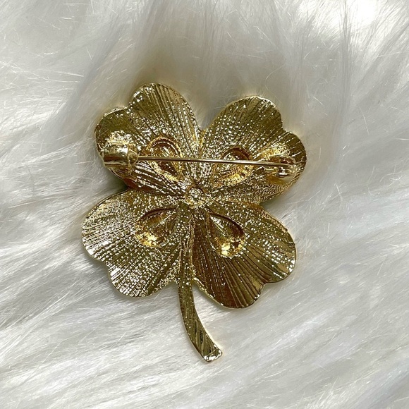 Brooch Pin 4 Four Leaf Clover Shamrock Lucky Irish Green Gold Rhinestones New - Picture 2 of 5